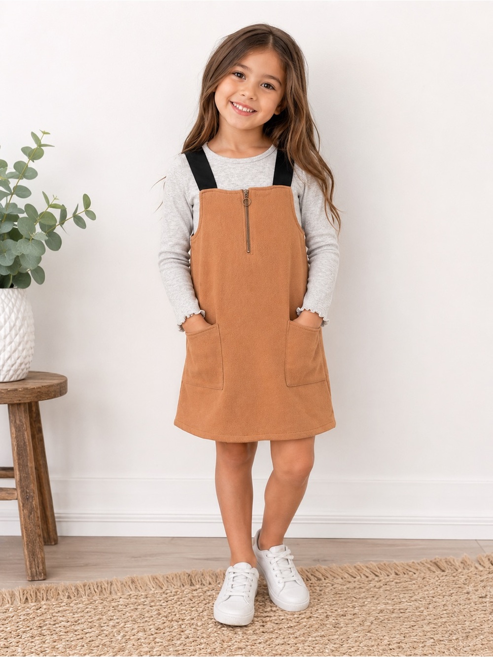 Derek Heart Girls Faux Suede Jumper Dress Set | Long Sleeve Layered Outfit